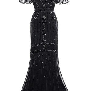 1920s Flapper Gown Off Shoulder Cutout Mermaid Prom Gatsby Dress